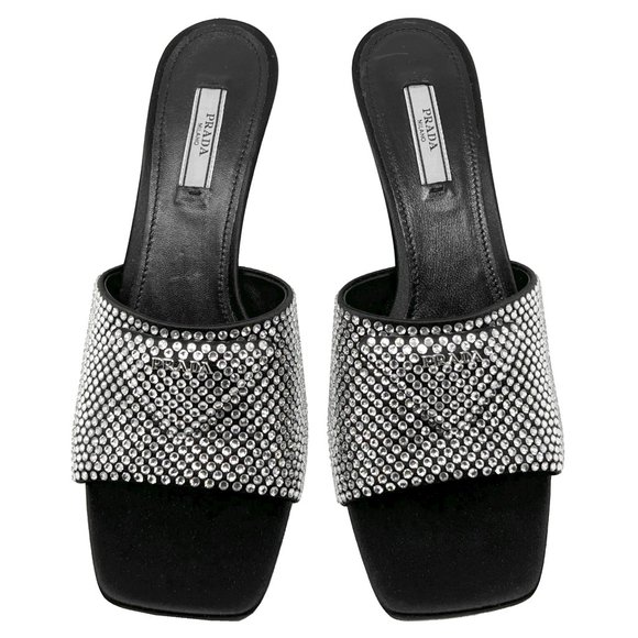 Prada Black Satin Crystal Studded Triangle Logo Slip On Sandal Mules Heels - Picture 3 of 11